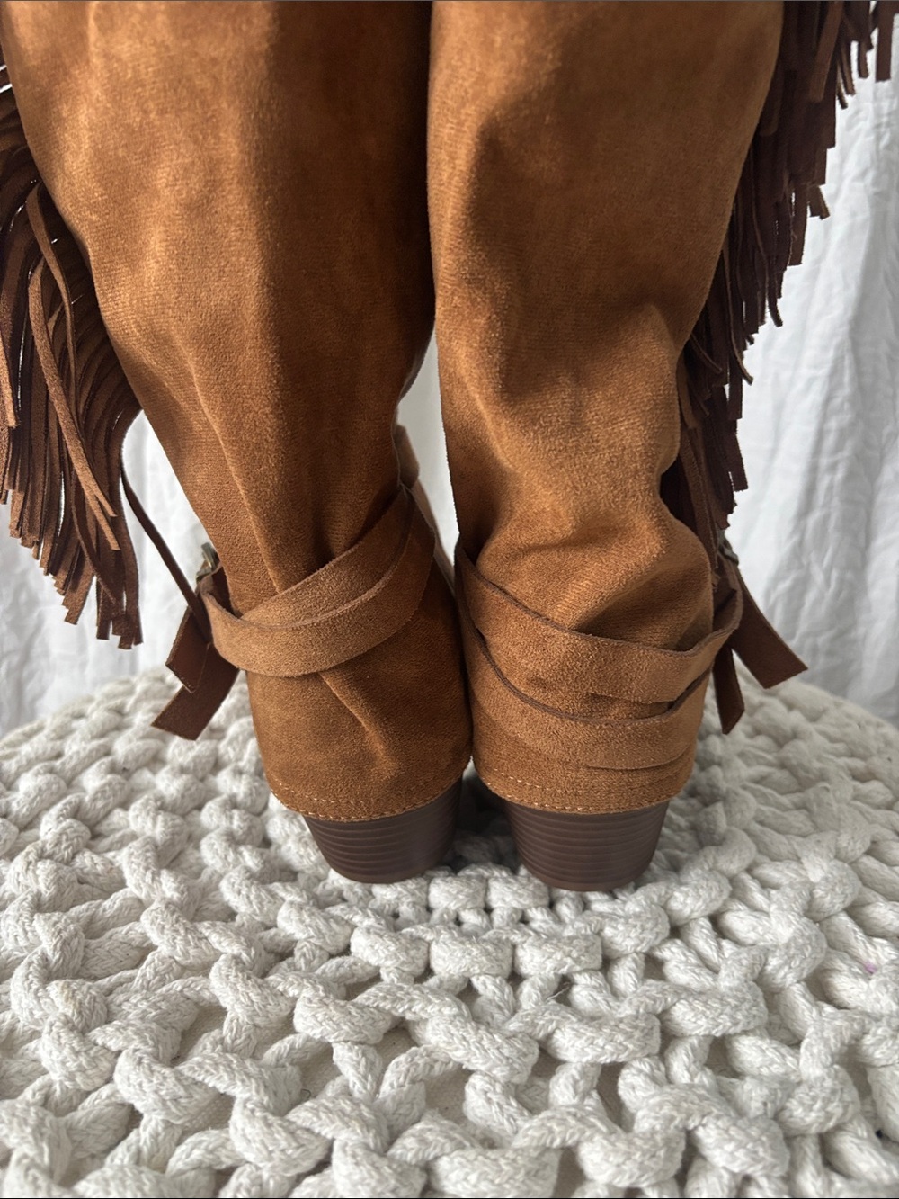 Fringed Tall Suede-Look Heeled Boots in Brown - Picture 6 of 9